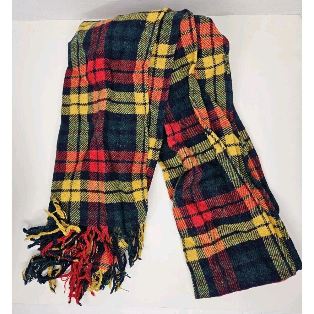 Vintage 1970s Junior House 100% Wool Plaid Scarf Yellow, Green, Blue & Red 12x96